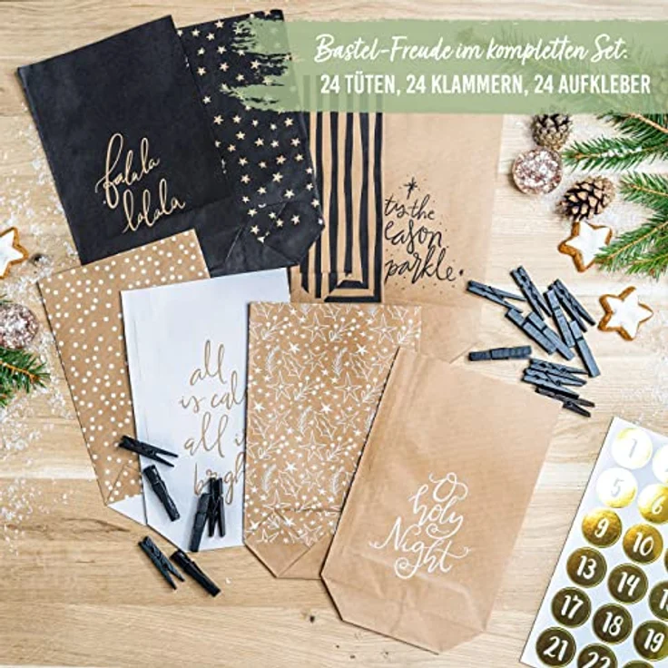 OEM Weihnachtskalender, Adventskalender-Set mit 24 braunen Kraftpapiertüten (14x22cm) und Zahlenaufklebern – Bild 7
