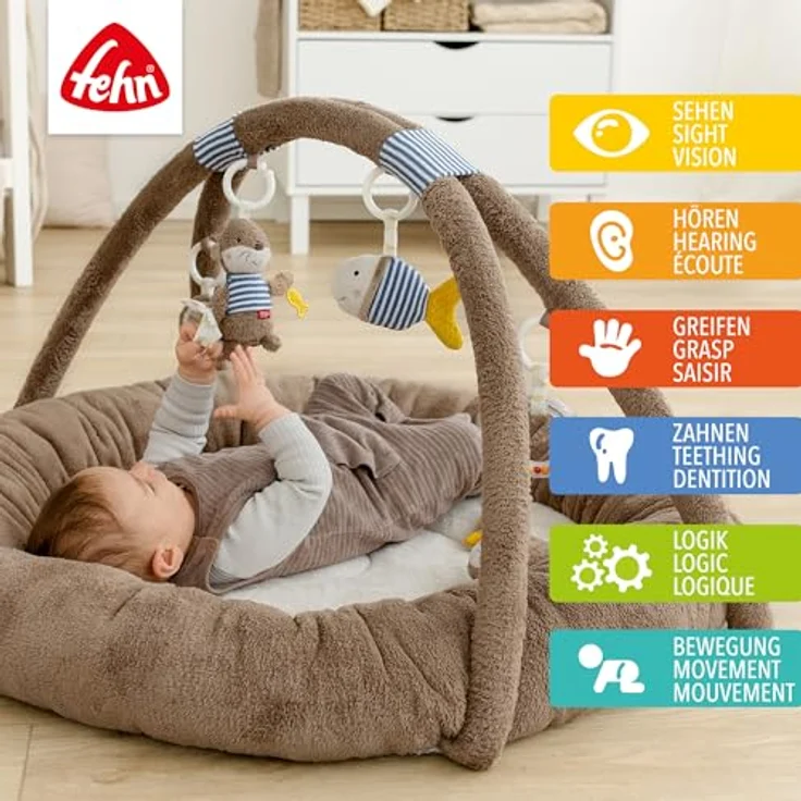 Fehn Otter Theo 3-D-Activity-Nest Spielbogen, besonders weich und gepolstert, Otter Braun/Sand, für Babys ab 0+ Monaten – Bild 2