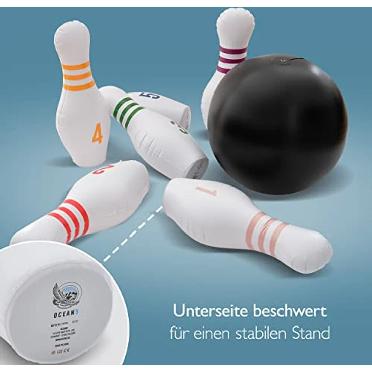 Ocean 5 Aufblasbares riesen Bowling-Spiel | Bowling Set für Kinder | 1 Bowling Ball mit sechs 68,5cm hohen Bowlingkegeln | inklusive Pumpe und Reparaturflicken | aufblasbares Kegelspiel | Outdoor Game – Bild 4