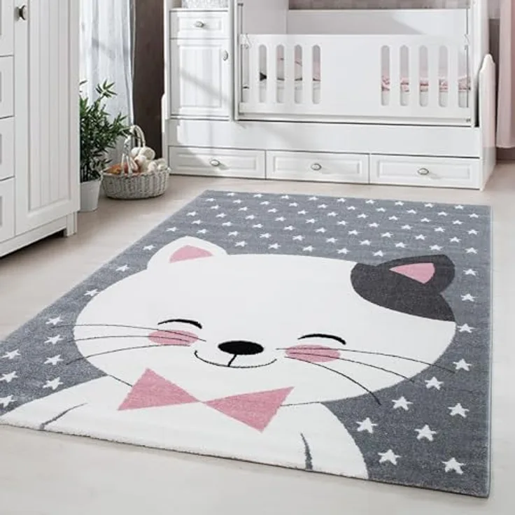 Carpetsale24 Kinderteppich Katzenmotiv, Rosa 120x170 cm, OEKO-TEX zertifiziert, pflegeleichte Oberflächen, flauschige Florhöhe 11 mm