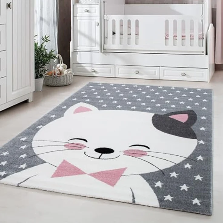 Carpetsale24 Kinderteppich Katzenmotiv, Rosa 120x170 cm, OEKO-TEX zertifiziert, pflegeleichte Oberflächen, flauschige Florhöhe 11 mm – Bild 1