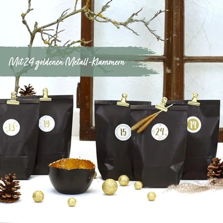 PAPIERDRACHEN Extravaganter Adventskalender zum Befüllen - mit 24 schwarzen Geschenktüten und 24 Zahlenaufklebern und Klammern - Motiv Elegance - zum Basteln und Verschenken - Weihnachten & Advent – Bild 2