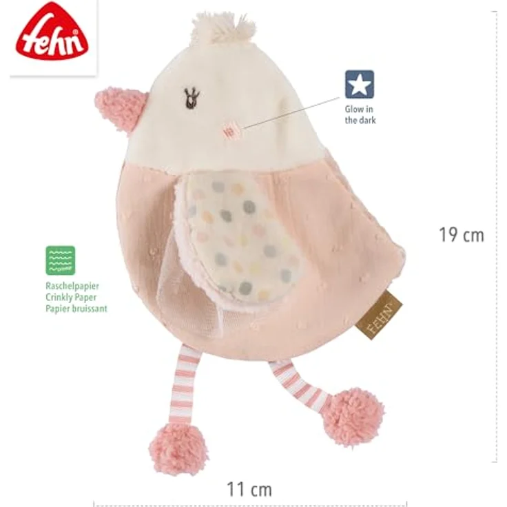 Fehn Greifspielzeug feehnLAND Knister-Vogel, Activity-Rascheltier mit Glow-in-the-dark Bestickung, fördert Sinne & Motorik, für Babys ab 0 Monaten – Bild 4