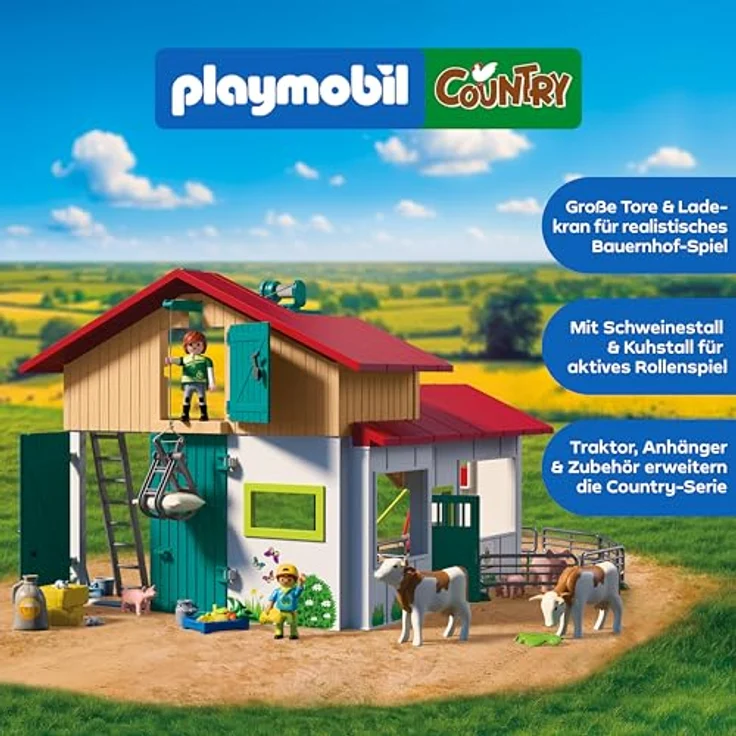 Playmobil Country - Großer Bauernhof mit funktionierendem Ladekran, Tierställen und beweglichen Tieren – Bild 3