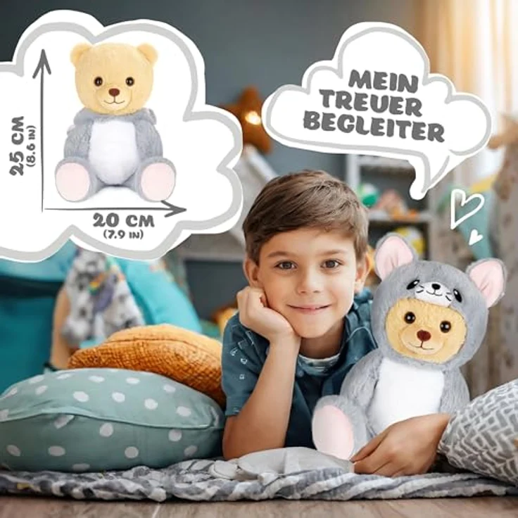 BRUBIES Teddy Maus, 25 cm Teddybär im Mäusekostüm mit abnehmbarer Kapuze, graues Plüschtier für kuschelige Abenteuer, ideales Geschenk für Kinder – Bild 4