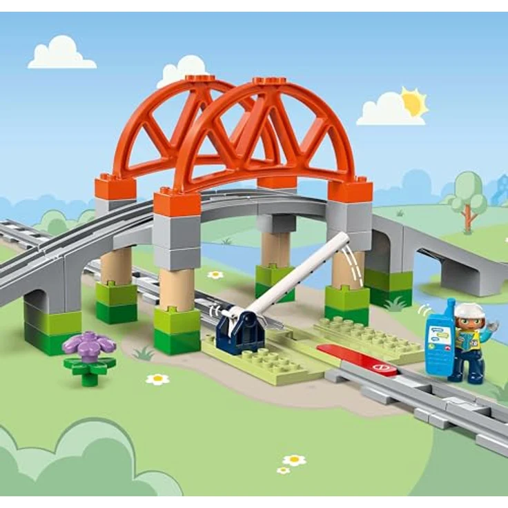 LEGO DUPLO Town 10426 Eisenbahnbrücke und Schienen – Erweiterungsset Bausatz mit 42 Teilen, interaktiven Funktionen und Techniker, mehrfarbig – Bild 4