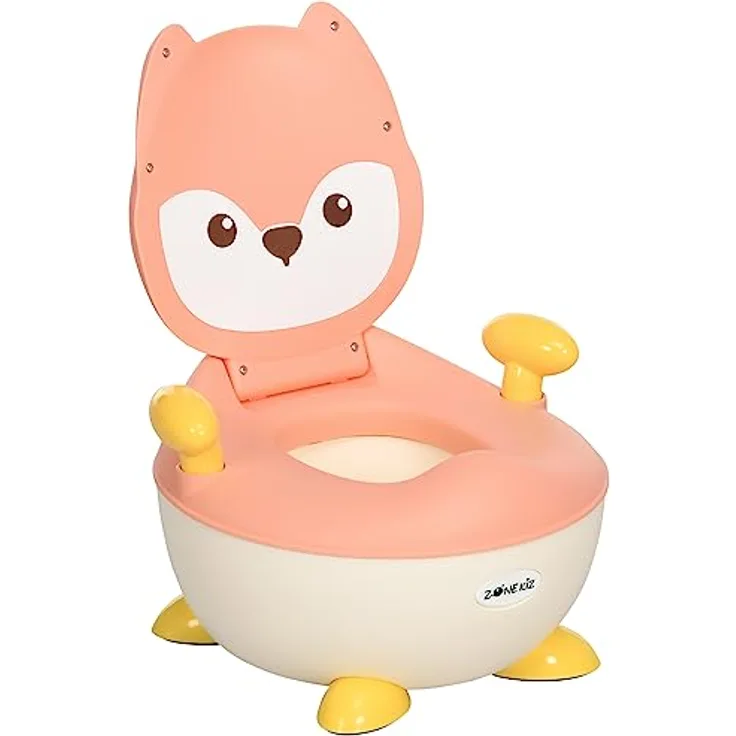 ZONEKIZ Toilettentrainer Kindertoilette Fuchs-Design, ergonomische Rückenlehne, Spritzschutz, herausnehmbarer Innentopf, für Kleinkinder von 6 Monaten bis 3 Jahre, rosa/weiß/gelb
