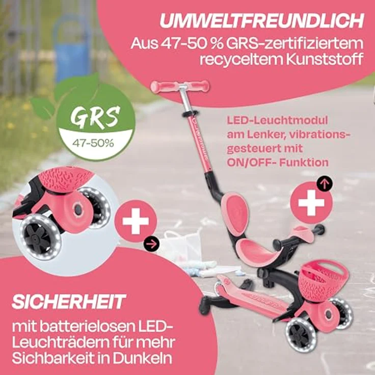 Globber GO-UP BABY 360 LIGHTS coral pink-pastellrosa, 3-in-1 Kinderfahrzeug mit LED-Leuchten und Klappmechanismus – Bild 2