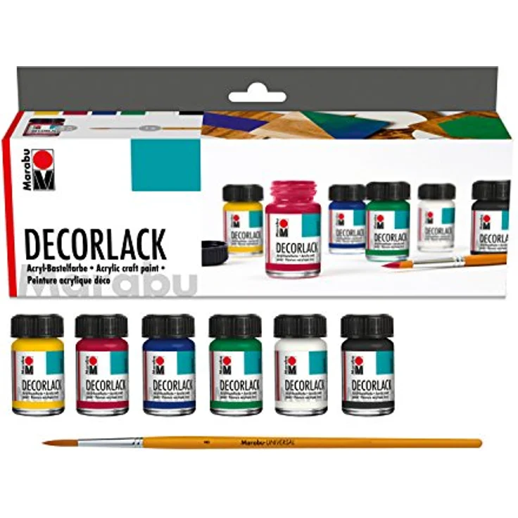 Marabu Decorlack Acryl Starter Set, hochglänzender wasserbasierter Acryllack, wetterfest, speichelecht, 6 Farben (Mittelgelb, Karminrot, Mittelblau, Saftgrün, Schwarz, Weiß) und Pinsel – Bild 2