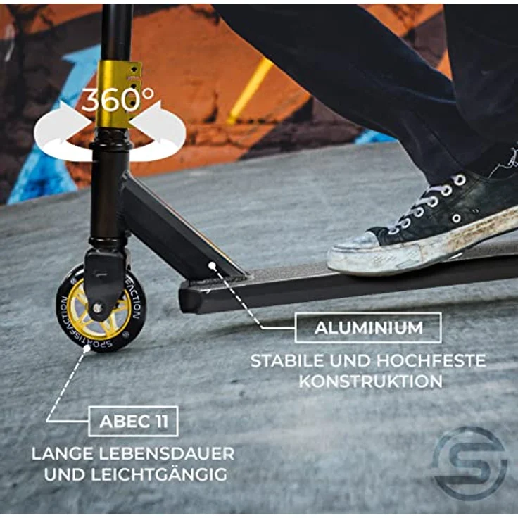 Sportisfaction Stuntscooter Gold, Profi Roller mit ABEC11 Kugellagern, 4-fach Klemme, robustes Alu-Deck 50x11cm, belastbar bis 100kg – Bild 3