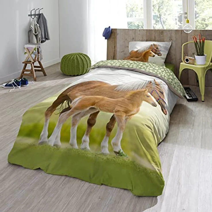 ESPiCO Bettwäsche Trendy Bedding Pferd Pony Fohlen Haflinger Koppel Blumen Blümchen Grün Braun Renforcé, 2-teilig, 100% Baumwolle, Atmungsaktiv, Öko-Tex Standard 100, 135x200 cm – Bild 5