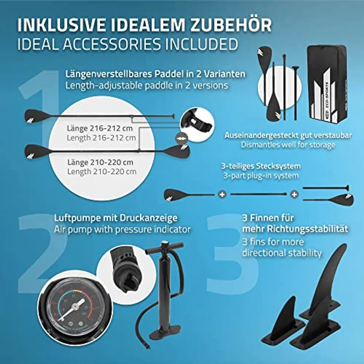 ECD Germany Aufblasbares Stand Up Paddle Board Kajak Sitz, 320 x 82 x 15 cm, Blau, PVC, bis 120 kg, inkl. Pumpe, Tragetasche, Zubehör, SUP Board mit Sitzfunktion – Bild 4