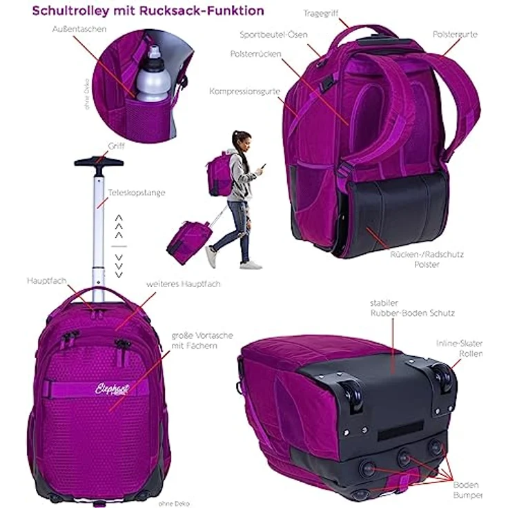 Elephant 3 Teile Set Trolley Hero Signature Schultrolley Schulranzen Trolly Sporttasche Mäppchen 12800 (Wild Berry Violett) - Umfangreicher Schulranzen mit 35L Stauraum und Alu Ausziehgriff – Bild 2