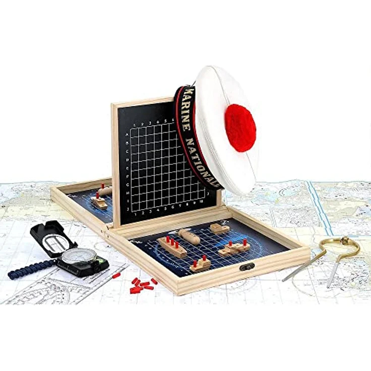 Vilac Bataille navale - Marine nationale, Brettspiel mit wiederbeschreibbarer Schiefertafel und Jutesäckchen, zusammenklappbare Holzbox – Bild 3