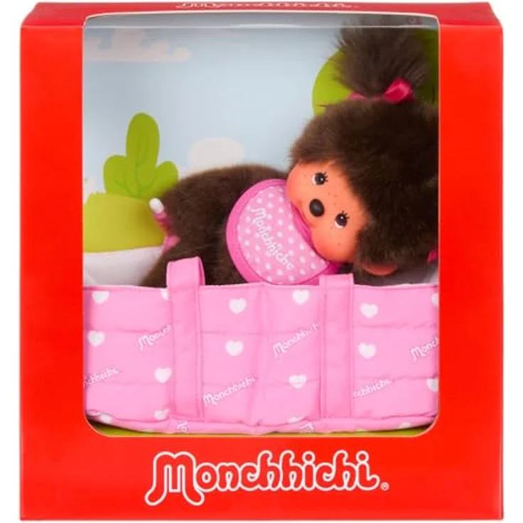 Monchhichi Kuschelpuppe mit Tragetasche, 20 cm, Mädchen, rosafarbene Tasche, Weichkörper mit Kunststoff-Kopf – Bild 2