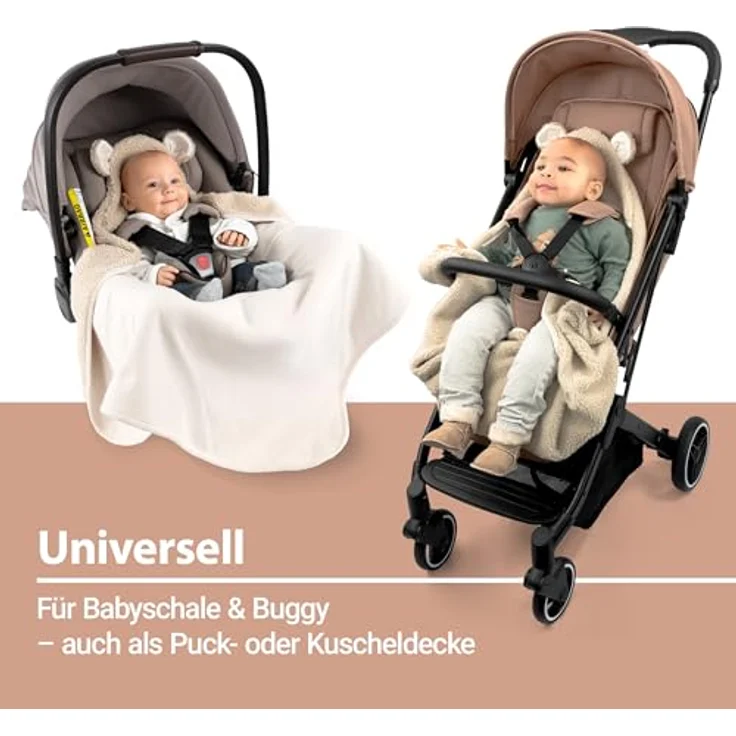 Zamboo Fußsack Teddy - Beige, Kuschelige Baby Einschlagdecke mit Öhrchen & Gurtschlitzen für Babyschalen – Bild 3