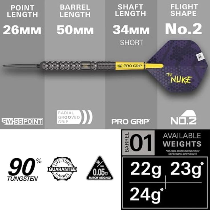 Target Darts Luke Littler G1 Steel Tip Darts, 90% Wolfram, 22G, mit Swiss Point Technologie, Pro Grip Schäften und No. 2 Flights, Gelb – Bild 3