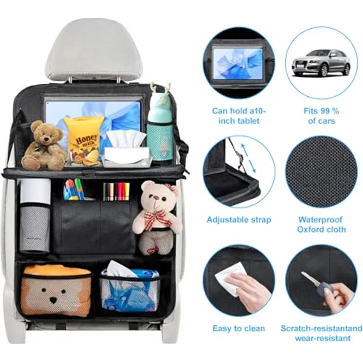 BillyBath Rückenlehnenschutz Auto Kinder, 10 Zoll Tablet-Tasche, wasserdicht, 600D Oxford Stoff, mit Klapptisch und 10 Aufbewahrungsfächern, 62 x 42 cm – Bild 5