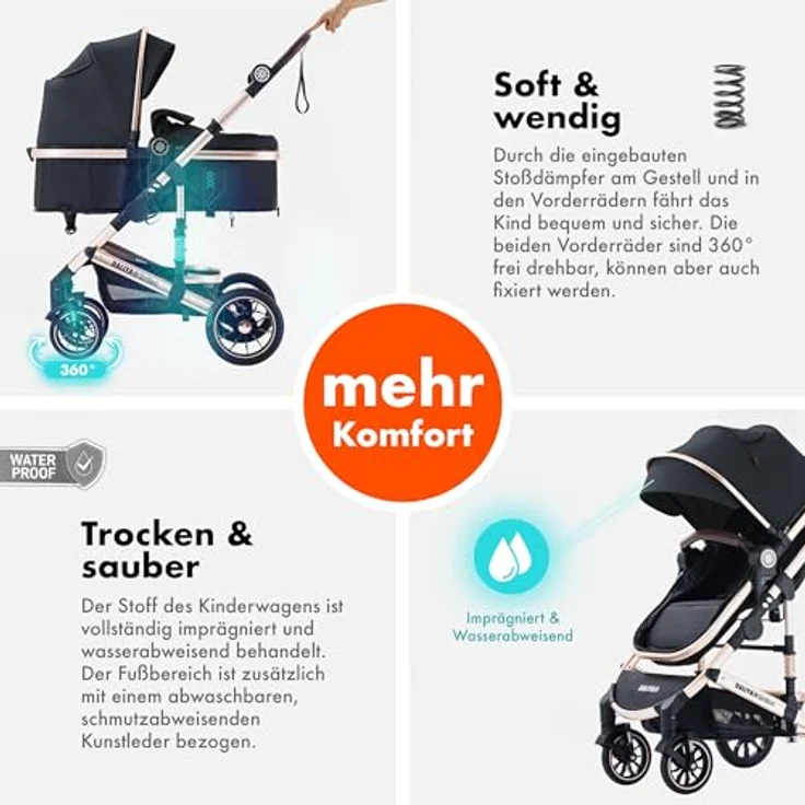 Daliya® NEOMOVE 2in1 Kombi-Kinderwagen, klappbare Babywanne und Sportsitz, große pannensichere Räder, leichter Aluminium-Rahmen, großer Einkaufskorb, Gold-Schwarz – Bild 2