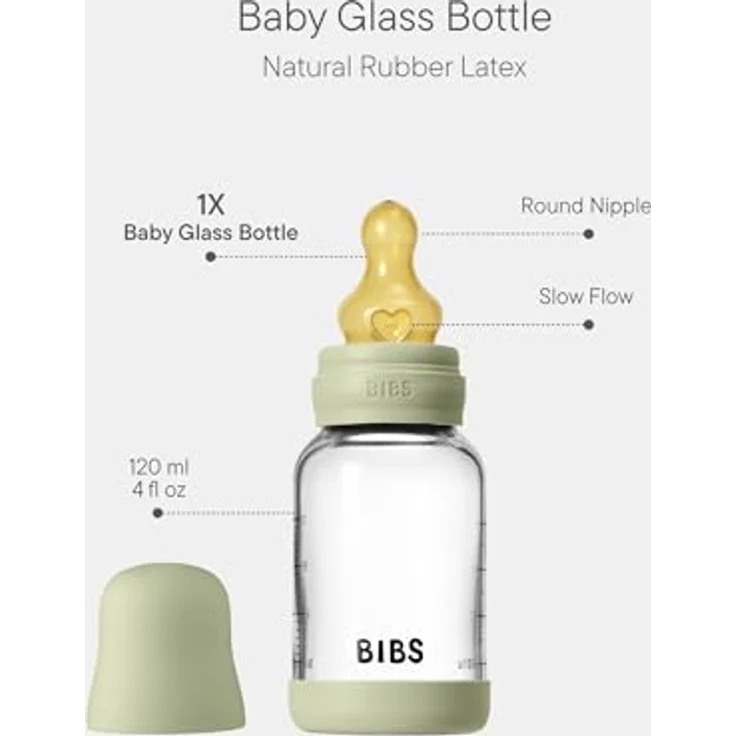 Bibs Glas-Flasche Baby Bottle Round 120 ml, Latex-Trinksauger langsamer Nahrungsfluss, BPA-frei, Antikolik-Design, Sage – Bild 2