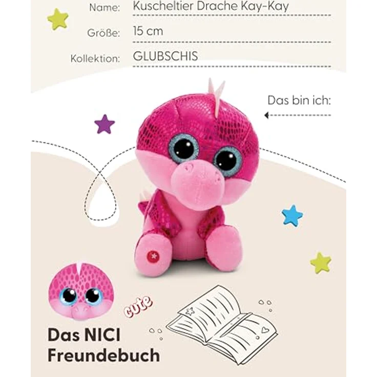 NICI GLUBSCHIS Kuscheltier Drache Kay-Kay, 15 cm, farbenfrohes Plüschtier mit Glitzeraugen, pink – Bild 5
