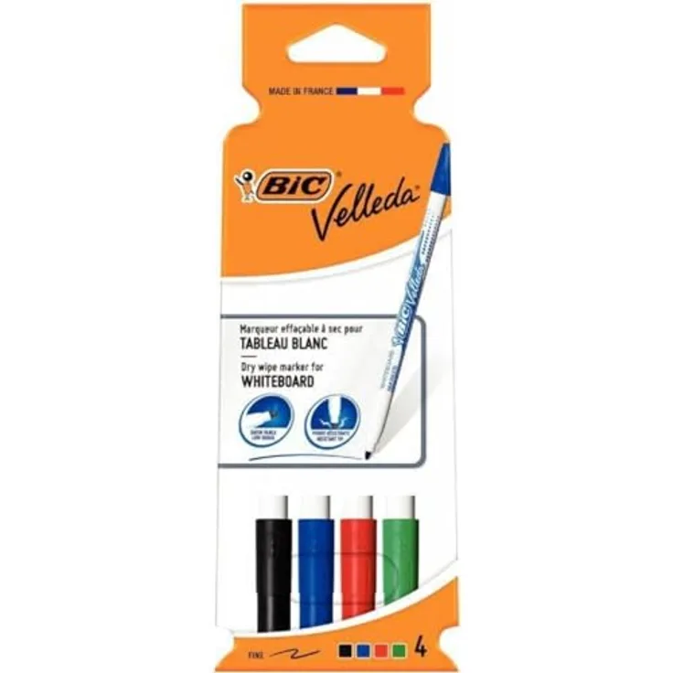 BIC Velleda 1721 Whiteboard Marker, 4er Set mit widerstandsfähiger Rundspitze, schwarz, blau, rot, grün