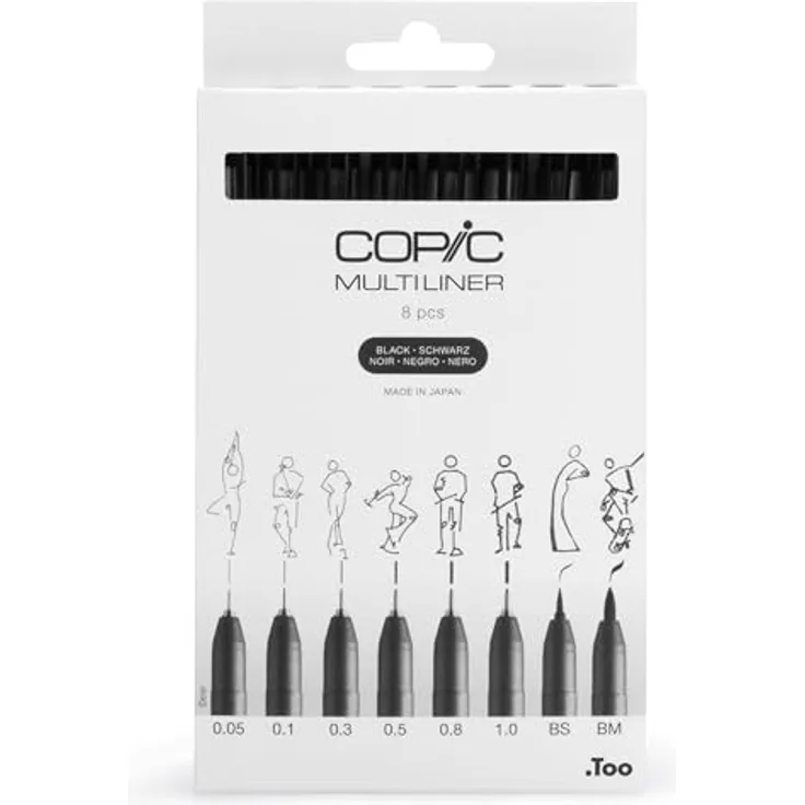 COPIC Marker Multiliner Classic Set B, 8er Set in Schwarz mit 8 Strichstärken: 0.05 - 1.0, Brush S und M