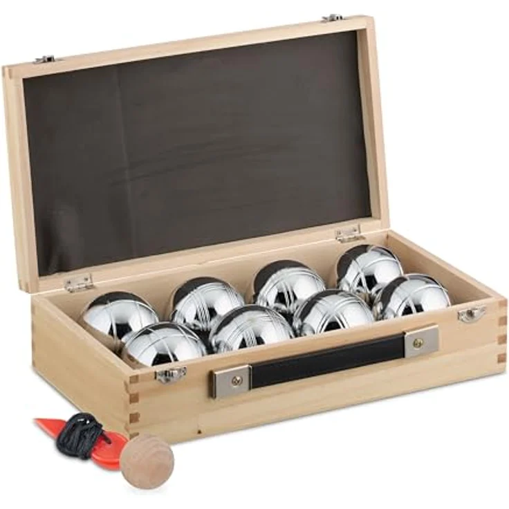 Relaxdays Boule Kugeln, 8 Stahlkugeln, Set mit Zielkugel, Abstandsmesser & Holzkoffer, Boccia Spiel, 72 mm, Natur/Silber, Outdoor-Spiel – Bild 1