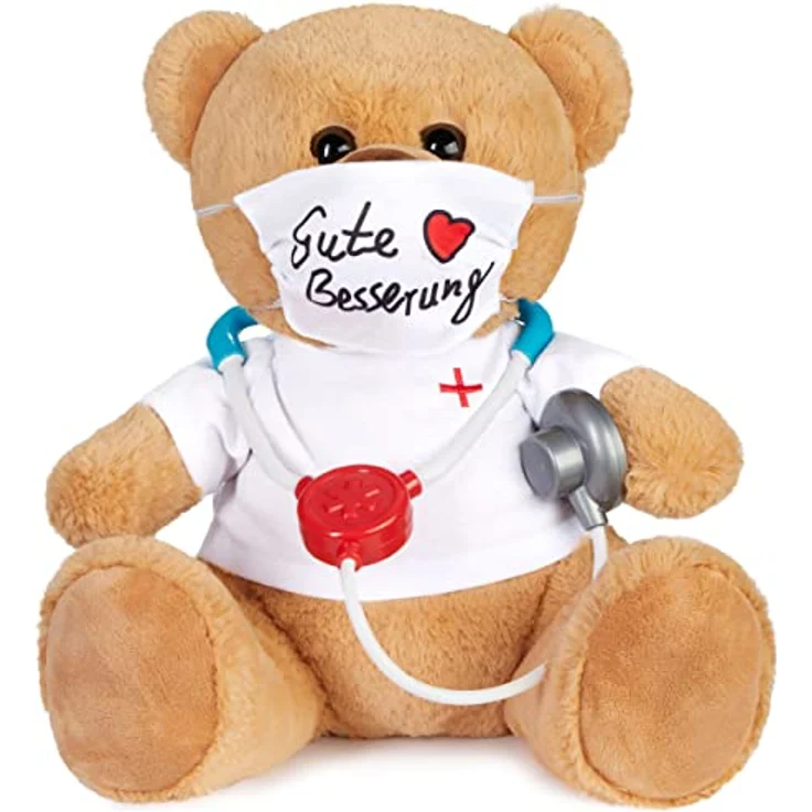 BRUBAKER Teddy Plüschbär mit Mundschutz und Stethoskop - Gute Besserung - 35 cm - Teddybär mit Arzt Shirt Weiß - Braun Hellbraun - Preisvergleich – Bild 1