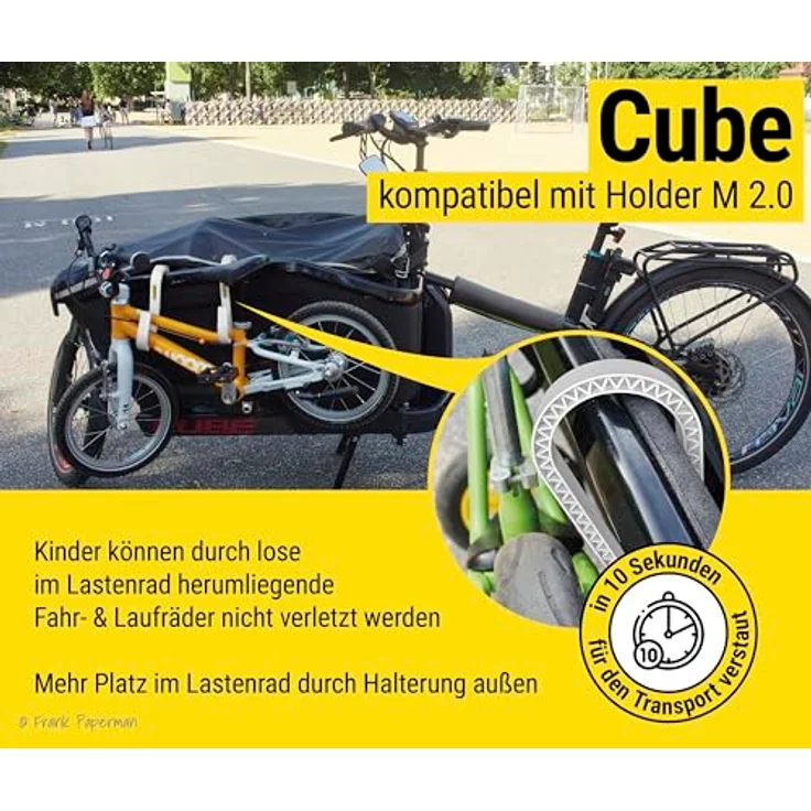 Frank Paperman Bike Holder M 2.0 – 2x Halterung für Kinderfahrrad & Laufrad am Lastenrad, robust und werkzeugfreie Montage für Kistenwandstärken bis 67 mm – Bild 8