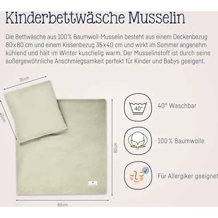 Julius Zöllner Babybettwäsche Musselin Lime, 2-teiliges Set, schadstoffgeprüft, Gr. 80x80 und 35x40 cm, hautfreundlich und atmungsaktiv – Bild 4