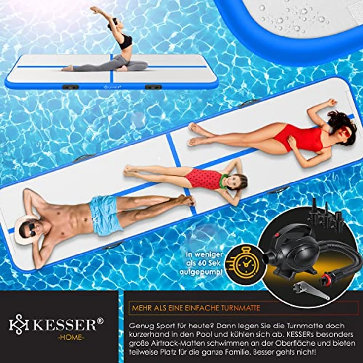 KESSER® Turnmatte Aufblasbar Airtrack Fitness-Matte Gymnastikmatte 3/4/5/6m | inkl. Tragetasche & elektr. Luftpumpe | Yogamatte, Tumbling Matten , Trainingsmatte Sportmatte Yoga, Turn- & Fitness Blau, 400 x 100 x 10 cm – Bild 6