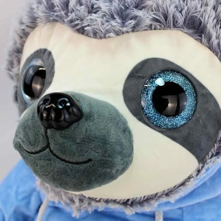 BEMIRO Faultier Kuscheltier XXL – 80 cm, Füllung aus 100% recyceltem Material, mit Hoodie, glitzernde Augen, kuschelig weich (Blau) – Bild 3