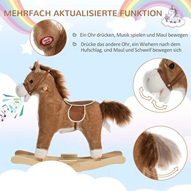 HOMCOM Kinder Schaukelpferd Baby Schaukeltier Pferd mit Tiergeräusche Spielzeug Haltegriffe für 36-72 Monate Plüsch Braun 65 x 32,5 x 61 cm – Bild 5