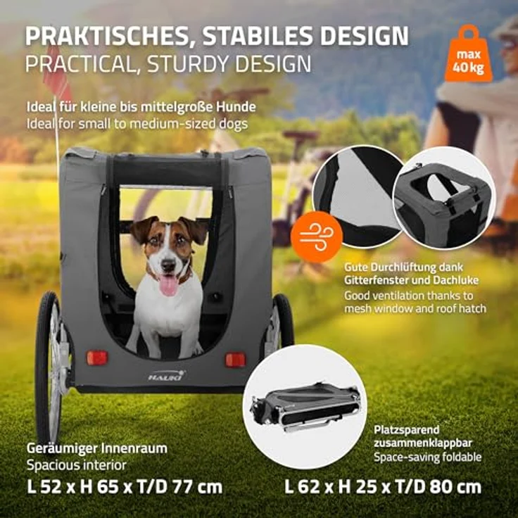 Hauki Fahrradhundeanhänger Fahrradanhänger & Hundebuggy 2in1 klappbar, Hundewagen Grau mit Reflektoren Leine und Flagge bis 40 kg – Bild 4