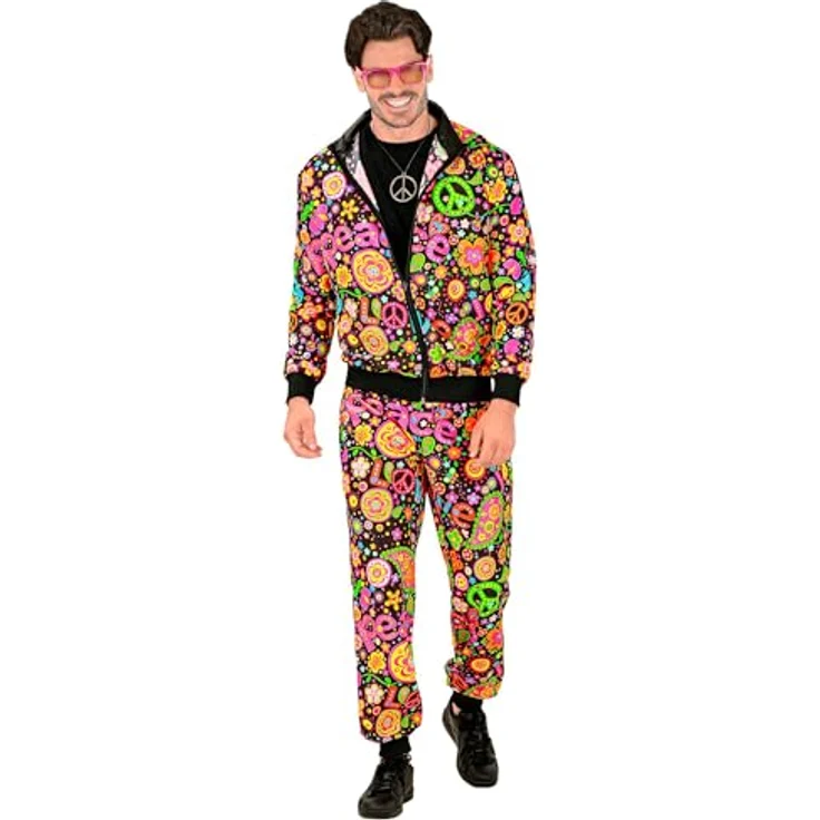 W WIDMANN MILANO Party Fashion Kostüm Trainingsanzug, Hippie Stil, 80er Jahre Outfit, Jogginganzug mit bunten Blumen und Peace-Symbolen, Größe L – Bild 2