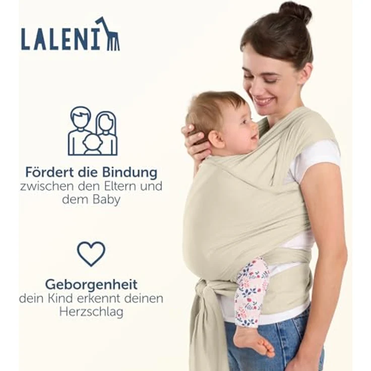 Laleni Tragetuch für Neugeborene, 5,10 m lang aus OEKO-TEX zertifizierter Baumwolle, ergonomisch, beige, für Babys bis 15 kg – Bild 4