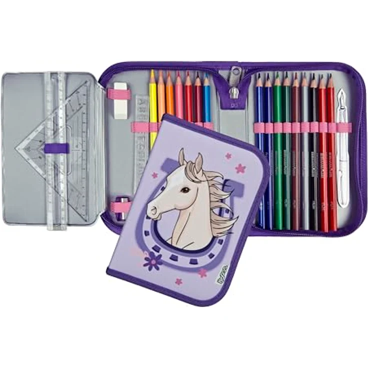 Scooli Gefülltes Schüleretui Magic Horse, Federmäppchen mit 14 Buntstiften, 2 Bleistiften, Geodreieck und Zubehör, ergonomisch, robust - Ideal für Schule und Freizeit, ab 6 Jahren – Bild 2
