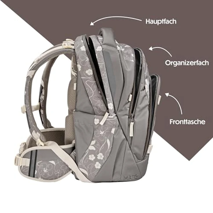 Coocazoo Mate Schulrucksack „Vanilla Bloom”, grau, ergonomisch, höhen- & größenverstellbar mit Brust- und Hüftgurt, 30 Liter, ab der 3. Klasse – Bild 3