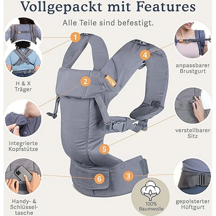 Beco Gemini Babytrage Neugeborene ab Geburt bis Kleinkind - 4 Tragepositionen Baby Trage aus 100 % Baumwolle - Babytrage ab Geburt, Ergonomischer Baby Carrier mit verstellbarem Sitz, 3,2-16 kg (Grau) – Bild 4