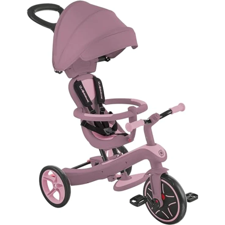 Globber Explorer Trike 4in1, Kinderwagen, Dreirad & Laufrad, höhenverstellbarer TPR-Sitz, 10/8,5 Zoll Räder, Beere – Bild 1