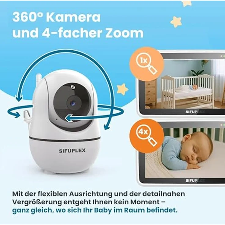 Sifuplex Babyphone mit Kamera, 720p HD, 360° Schwenk, 4-fach Zoom, Nachtsicht, Temperatur und Schlaflieder, innen – Bild 2