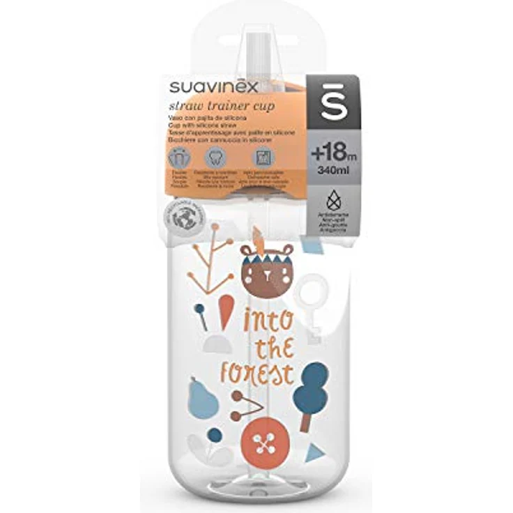 Suavinex 401207 Trinkbecher Baby Training Cup, auslaufsicher mit flexiblem Silikonstrohhalm, Tropfschutz, Waldfarbe Gelb, 340 ml, ab 18 Monaten – Bild 3
