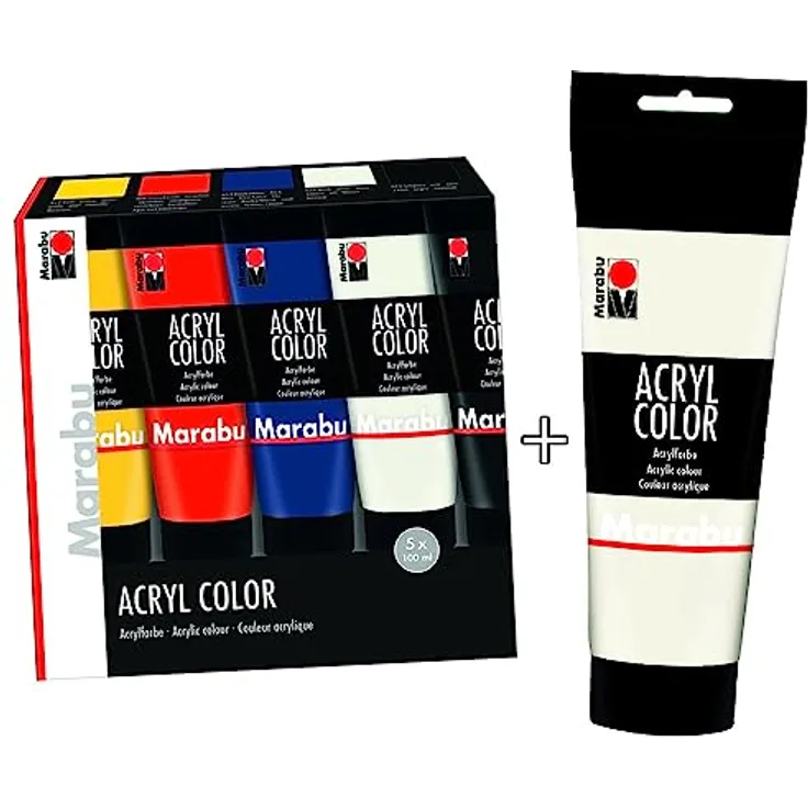 Marabu Acryl Color Set 5+1, 5 x 100 ml in Gelb, Zinnoberrot, Dunkelblau, Weiß, Schwarz, Acrylfarbe auf Wasserbasis, schnell trocknend, gute Deckkraft