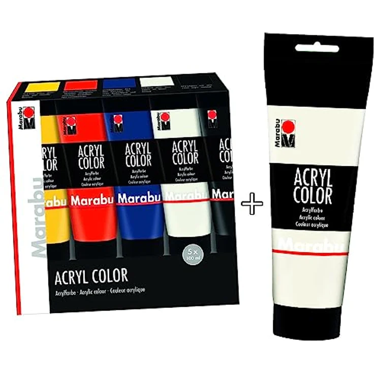 Marabu Acryl Color Set 5+1, 5 x 100 ml in Gelb, Zinnoberrot, Dunkelblau, Weiß, Schwarz, Acrylfarbe auf Wasserbasis, schnell trocknend, gute Deckkraft