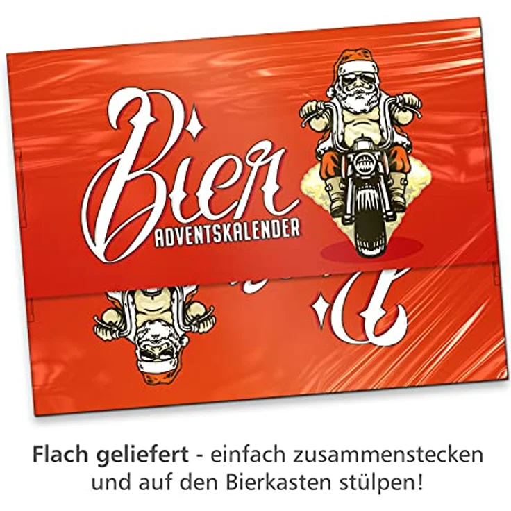 itenga Adventskalender Aufsatz für Bierkasten Männer Adventskalender zum Selber Befüllen Bieradventskalender rot mit Nikolaus auf dem Motorrad – Bild 3