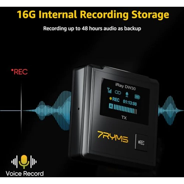 7RYMS DW30 Kabelloses Lavalier-Mikrofon – 16 GB interne Aufnahme, Lav-Mikrofoneingang, USB-C-Ausgang, 2,4 GHz kabelloses Mikrofon für Kamera, Telefon, PC – ideal für Vlogging, Live-Streaming und – Bild 2