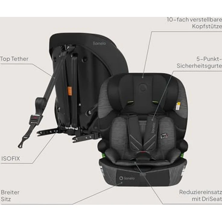 lionelo Autokindersitz LEVI FIX I-SIZE, i-Size konform, für Kinder von 76 bis 150 cm, mit Isofix und TopTether, 10-fach verstellbare Kopfstütze, Dri-Seat-Technologie, abnehmbarer Bezug – Bild 9