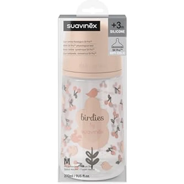 Suavinex Babyflasche 270 ml mit SX Pro Silikon-Sauger, Antikolik, mittlerer Fluss (M), Design Birdies Rosa, für Milch und Säfte, ab 3 Monaten – Bild 5