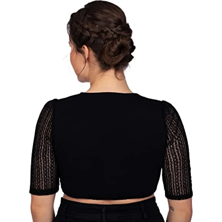 Edelnice Dirndlbluse Kassandra, Spitzenstoff mit Perlmutt-Knöpfen, 3/4 Ärmel, Stretch-Baumwolle, schwarz – Bild 3